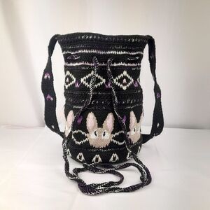 Handcrafted Cat Crochet Tapestry Bucket Drawstring Bag Purse